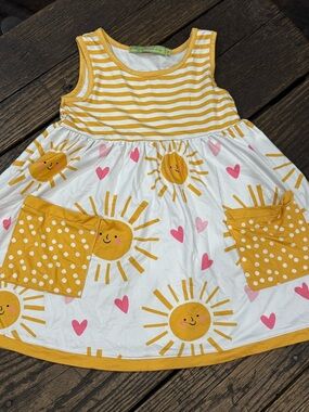 Millie Loves Lily Sunshine Stripe & Sun Print Girls Dress Yellow & White Sz 3